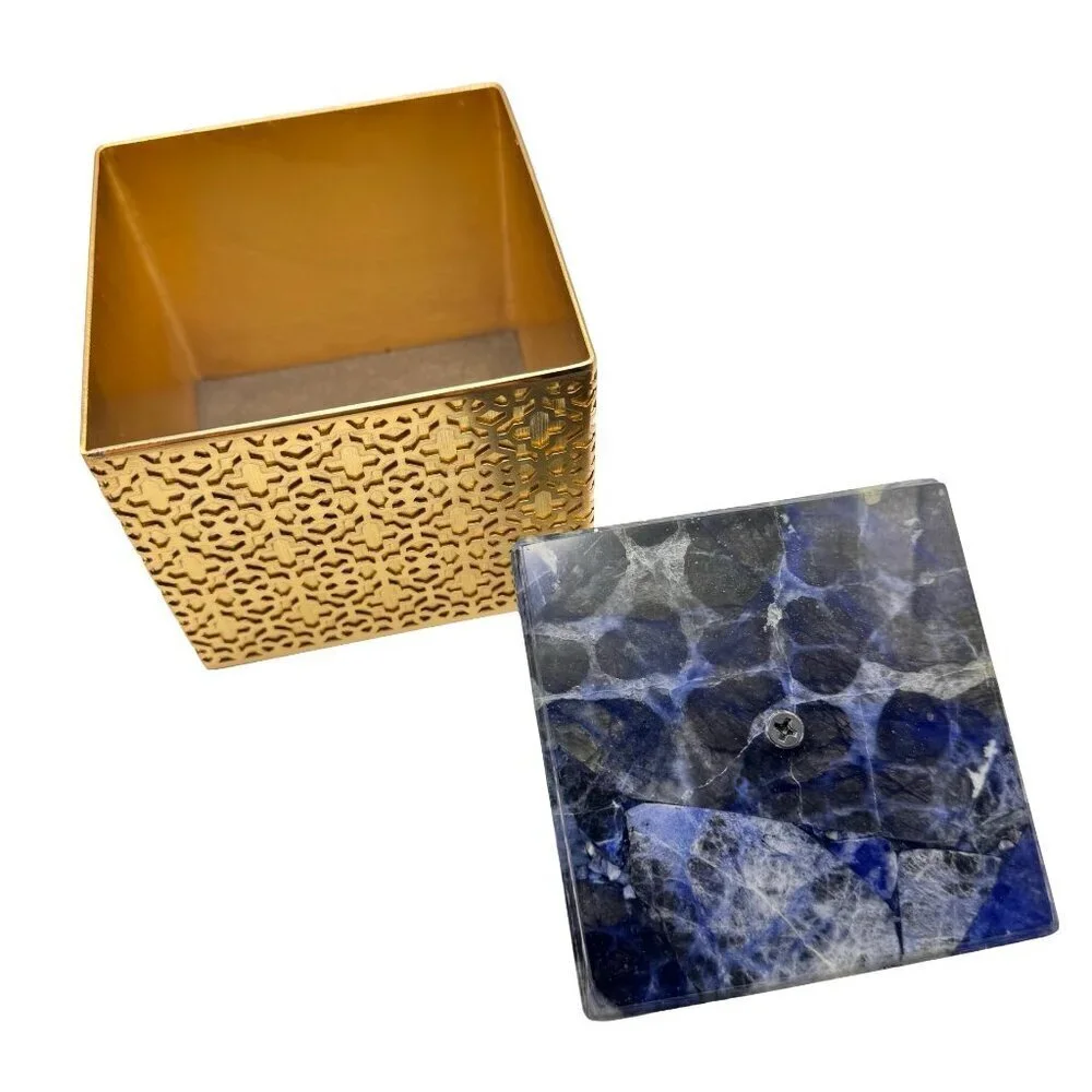 NEW Kendra Scott Ornate Jewelry Box  Gold Blue Sodalite Quartz Gold Tone Square